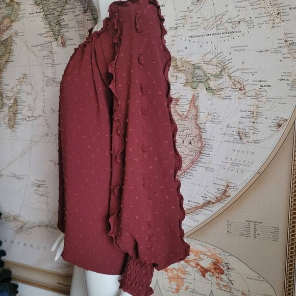Max Studio burgundy boho blouse puffy ruffled sleeves gathered cuffs dots NWT S - Picture 12 of 12
